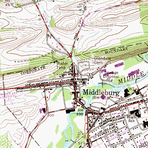 Topographic Map of Middleburg Post office, PA