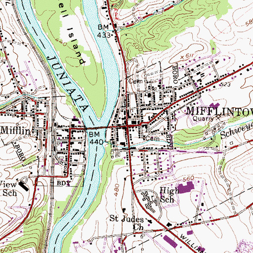 Topographic Map of Mifflintown Post Office, PA