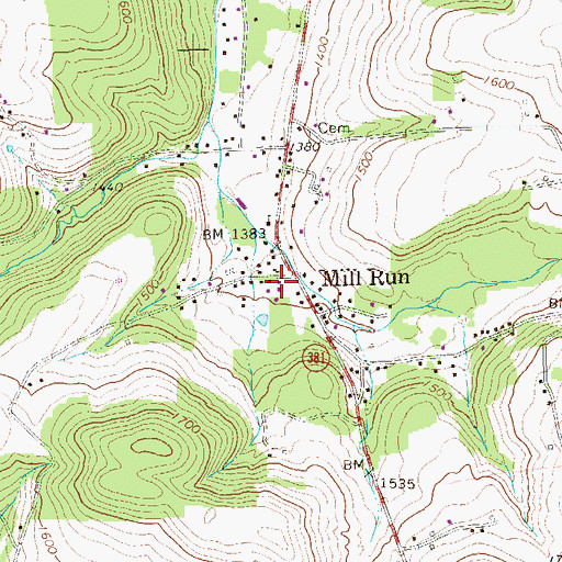 Topographic Map of Mill Run Post Office, PA