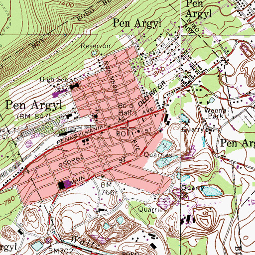 Topographic Map of Pen Argyl Post Office, PA