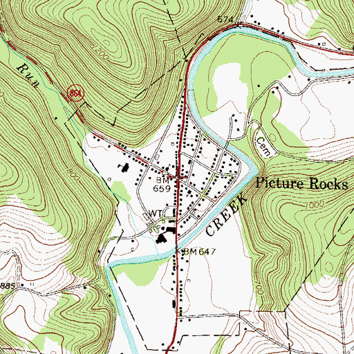 Topographic Map of Picture Rocks Post Office, PA