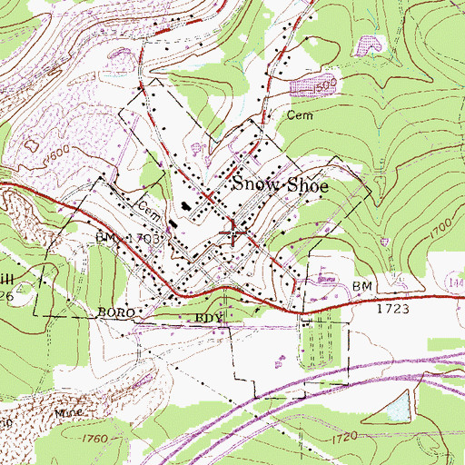 Topographic Map of Snow Shoe Post Office, PA