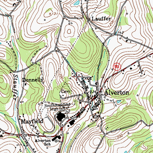 Topographic Map of Alverton Post Office, PA