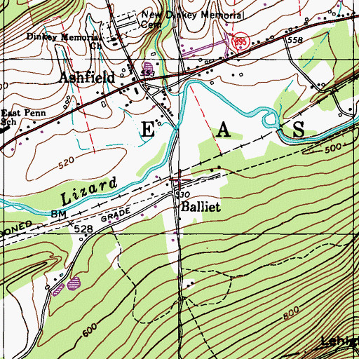 Topographic Map of Ashfield Post Office, PA