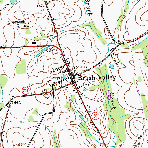 Topographic Map of Brush Valley Post Office, PA