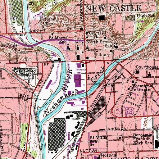 Topographic Map of Downtown New Castle Post Office, PA