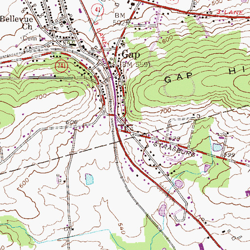 Topographic Map of Gap Post Office, PA