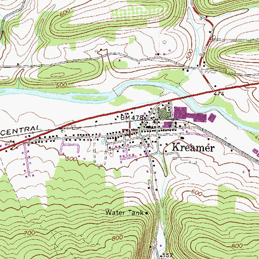 Topographic Map of Kreamer Post Office, PA