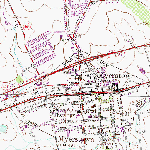 Topographic Map of Myerstown Post Office, PA