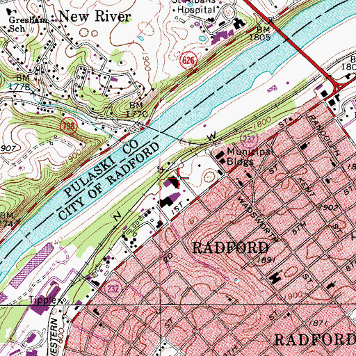 Topographic Map of Radford City Police Department, VA