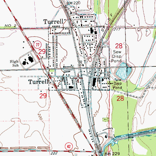 Topographic Map of Turrell Post Office, AR