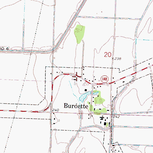 Topographic Map of Burdette Post Office, AR
