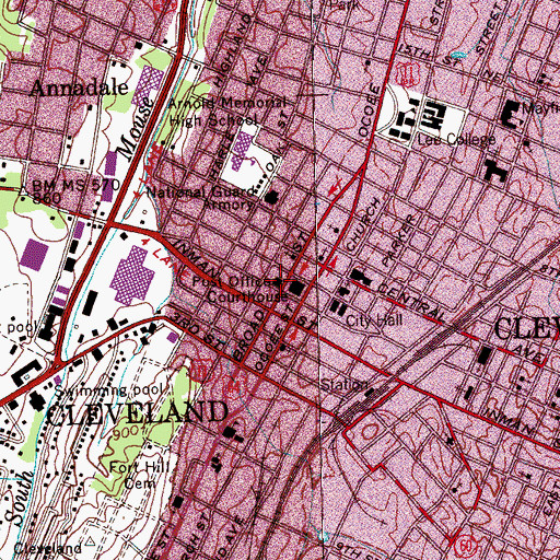 Topographic Map of Downtown Cleveland Post Office, TN