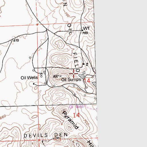 Topographic Map of Devils Den Oil Field, CA