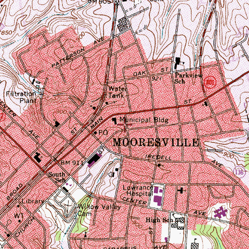 Topographic Map of Mooresville Post Office, NC