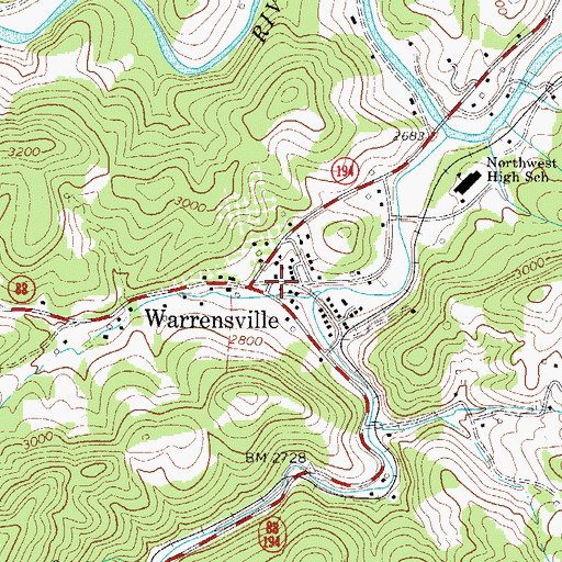Topographic Map of Warrensville Post Office, NC