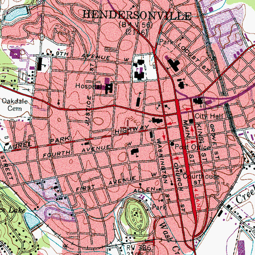Topographic Map of Hendersonville Post Office, NC