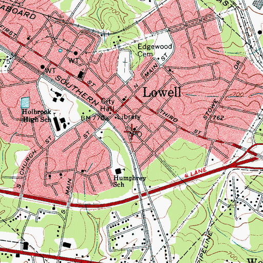 Topographic Map of Lowell Post Office, NC