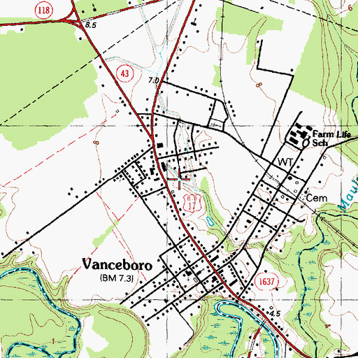 Topographic Map of Vanceboro Post Office, NC