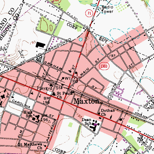 Topographic Map of Maxton Post Office, NC
