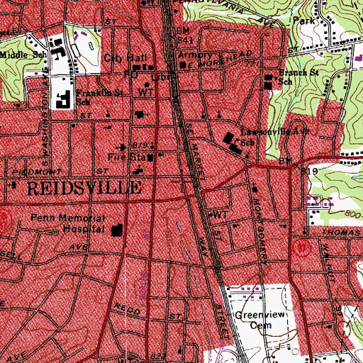 Topographic Map of Reidsville Post Office, NC