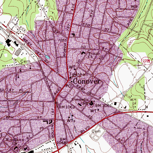 Topographic Map of Conover Post Office, NC