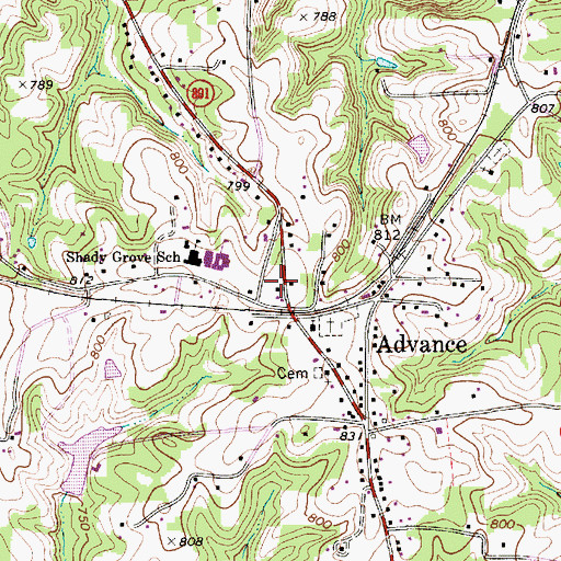 Topographic Map of Advance Post Office, NC