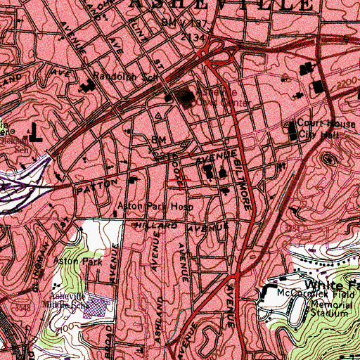 Topographic Map of Downtown Asheville Post Office, NC