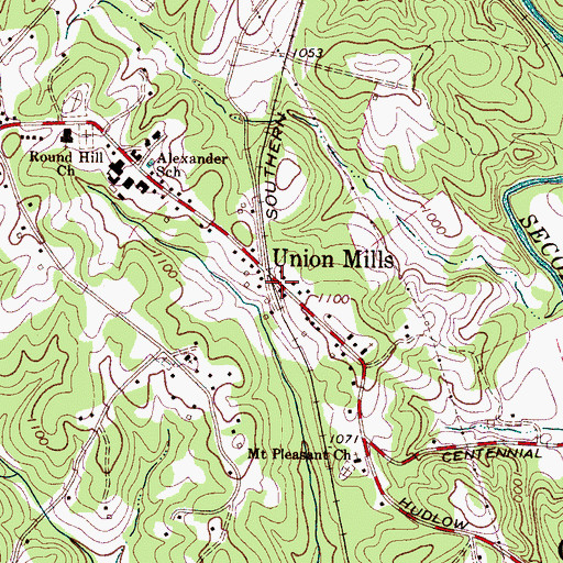Topographic Map of Union Mills Post Office, NC