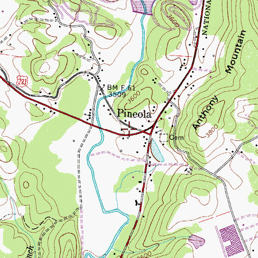Topographic Map of Pineola Post Office, NC