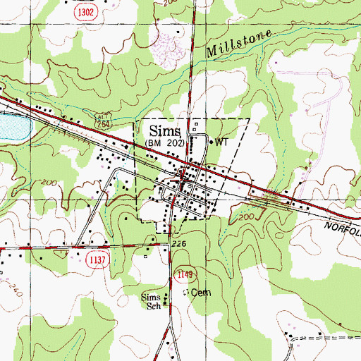Topographic Map of Sims Post Office, NC