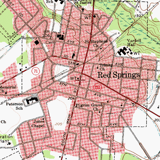 Topographic Map of Red Springs Post Office, NC
