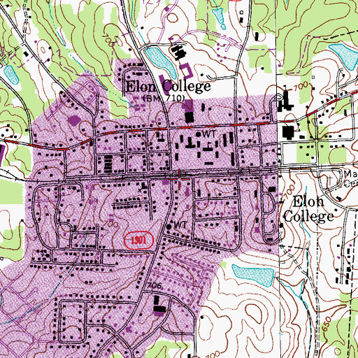 Topographic Map of Elon Post Office, NC