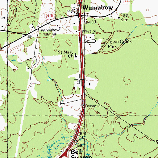 Topographic Map of Winnabow Post Office, NC