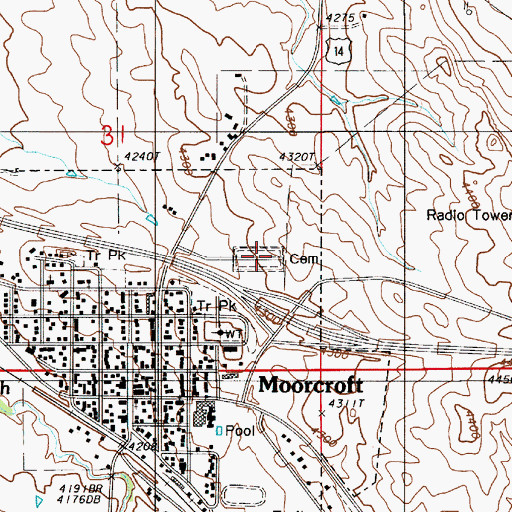 Topographic Map of Moorcroft Cemetery, WY