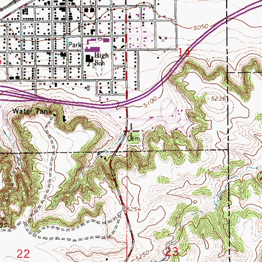 Topographic Map of Pine Bluffs Cemetery, WY
