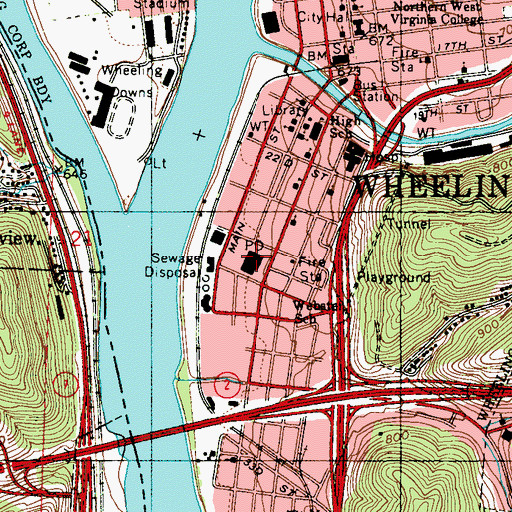 Topographic Map of Wheeling Post Office, WV