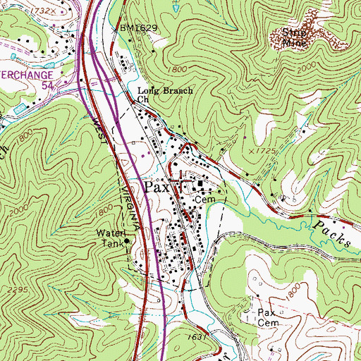 Topographic Map of Pax Post Office, WV