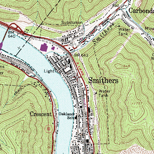 Topographic Map of Smithers Post Office, WV