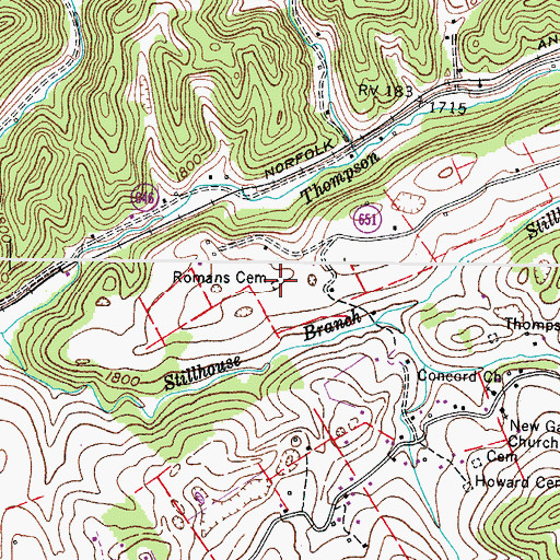 Topographic Map of Romans Cemetery, VA