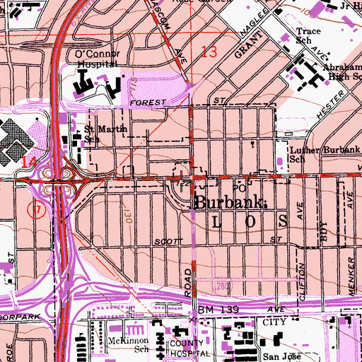 Topographic Map of Burbank, CA