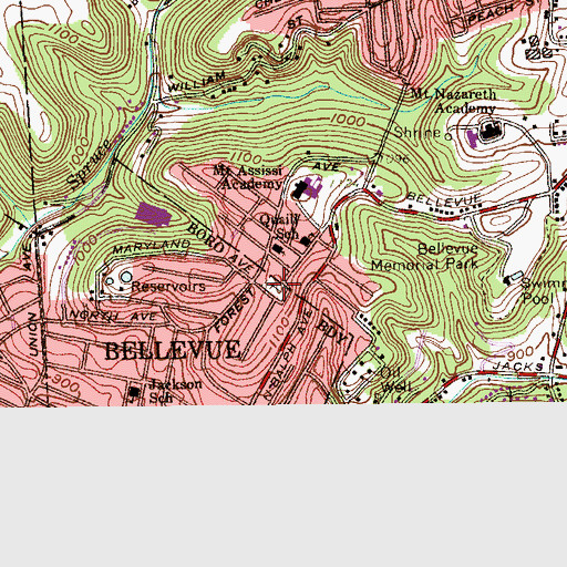 Topographic Map of Bellevue Cemetery, PA
