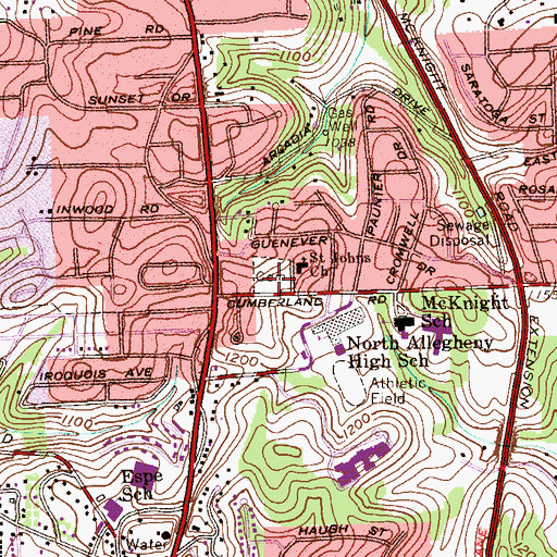 Topographic Map of Saint John's Lutheran Church of Highland Cemetery, PA