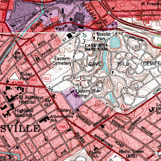 Topographic Map of Cave Hill National Cemetery, KY