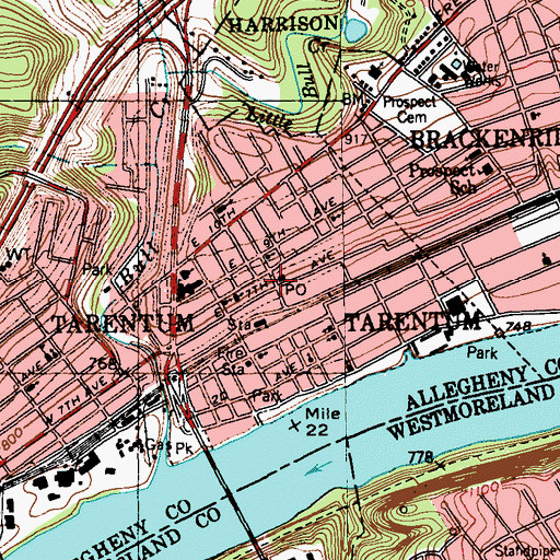 Topographic Map of Tarentum Post Office, PA