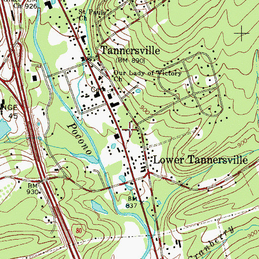 Topographic Map of Tannersville Post Office, PA