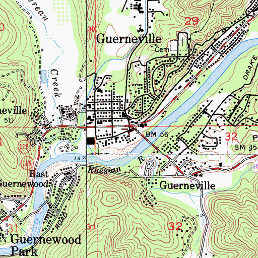 Topographic Map of Guerneville, CA
