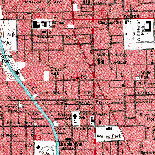 Topographic Map of Ravenswood Post Office, IL