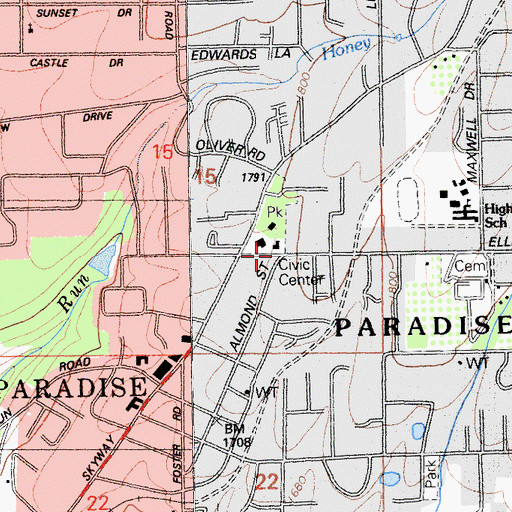 Topographic Map of Paradise, CA