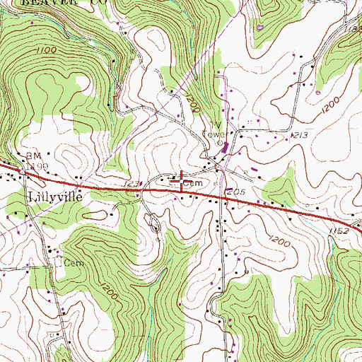 Topographic Map of Lillyville Lutheran Cemetery, PA